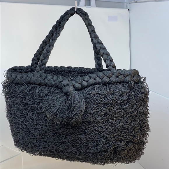 Large Loop Hand Woven Resin Nylon Black Purse - Picture 1 of 6